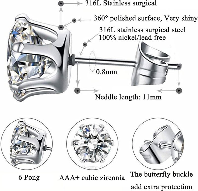 monochef 6 Pairs Stud Earrings Set, Hypoallergenic Clear Cubic Zirconia 316L Earrings Stainless Steel CZ Earrings for Women for Men 3-8mm, silver - Image 2